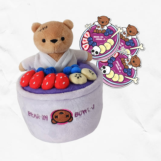 Bear In Bowl O Sticker and Plushie Bundle